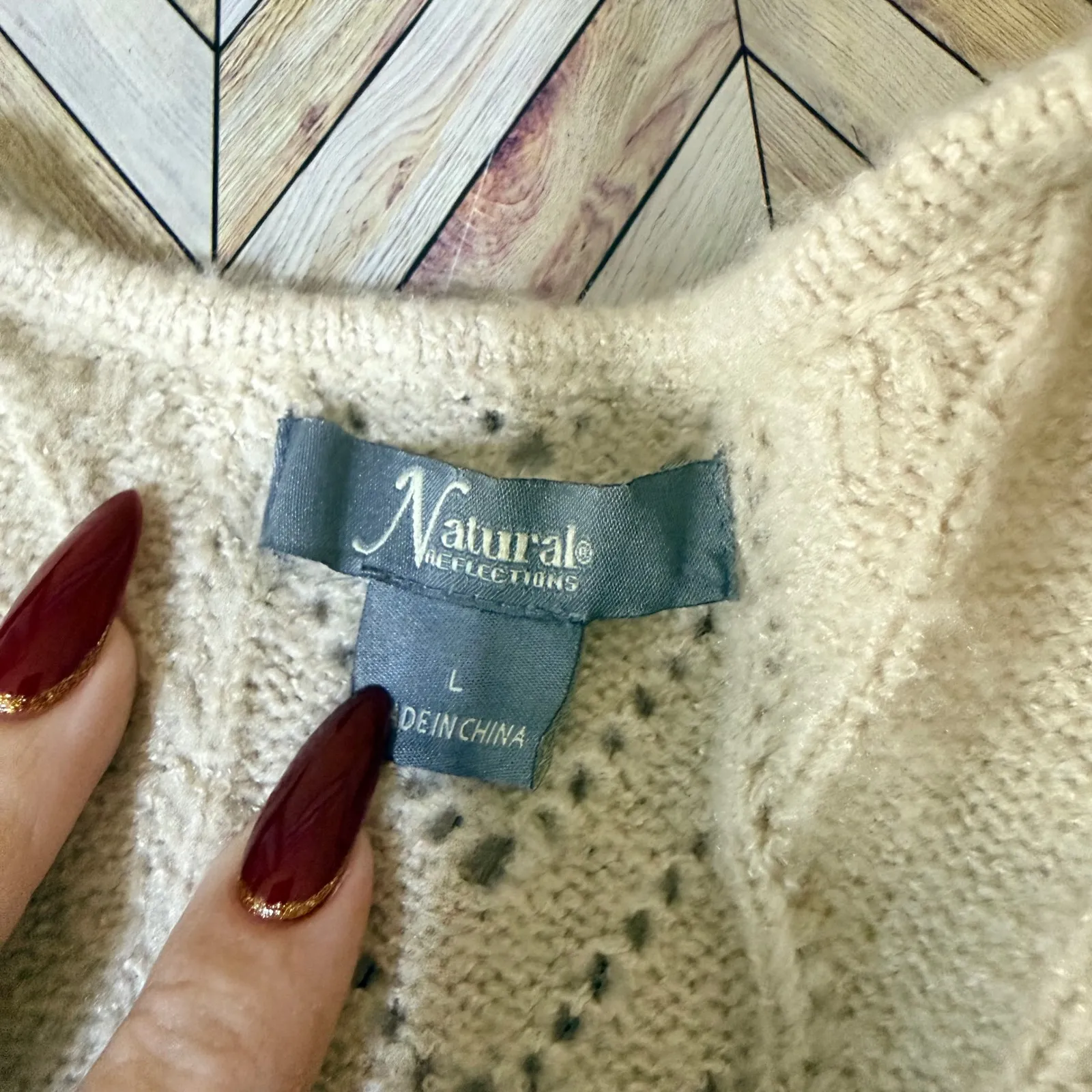 Natural Reflections Knit Open Front Cardigan Sweater Beige Cable Knit Lg Cozy - Image 2