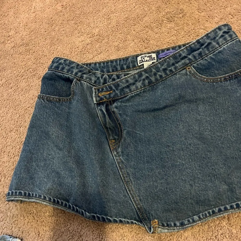 Future Collective Kahlana Barfield Brown Women's Asymmetrical Mini Jean Skirt 12 Blue - Image 10