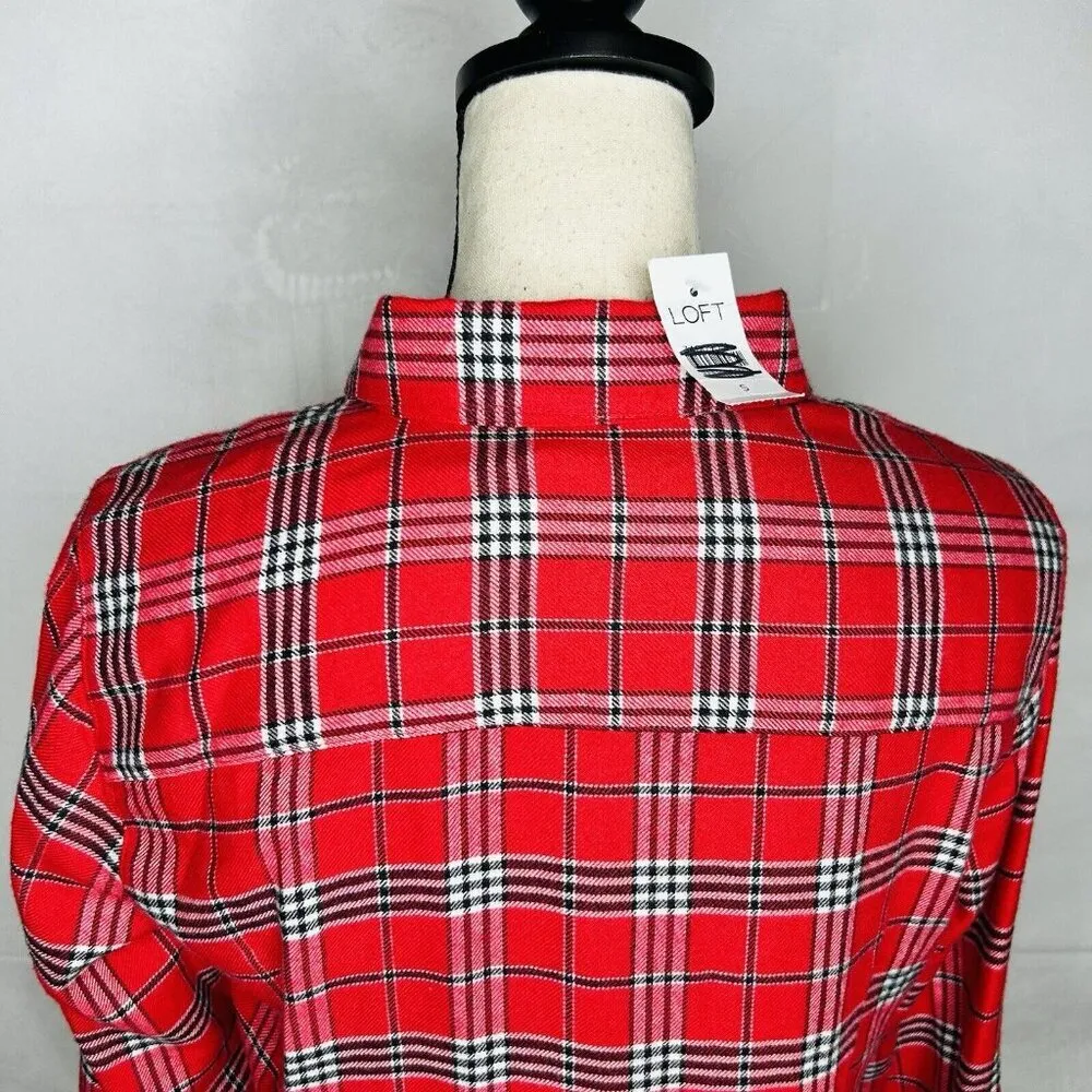 NWT Ann Taylor Loft Flannel Shirt Dress Sz S Red Plaid Long-Sleeve Soft NEW - Image 10