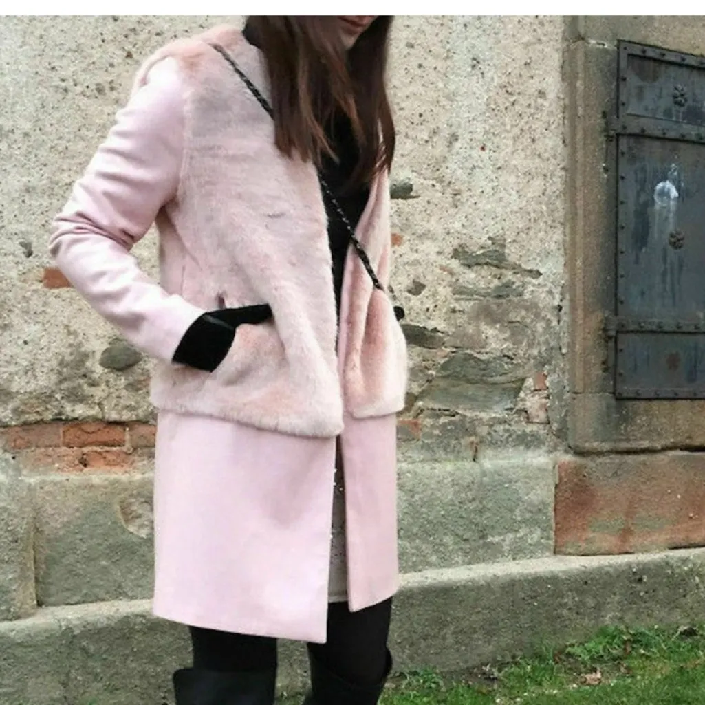 Zara Blogger Favorite Pink Faux Fur Wool Combination Jacket Coat Size XL Rare - Image 4