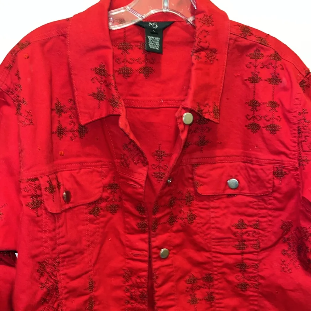 Vintage Red Jean Jacket with Embroidery Size L - Image 3