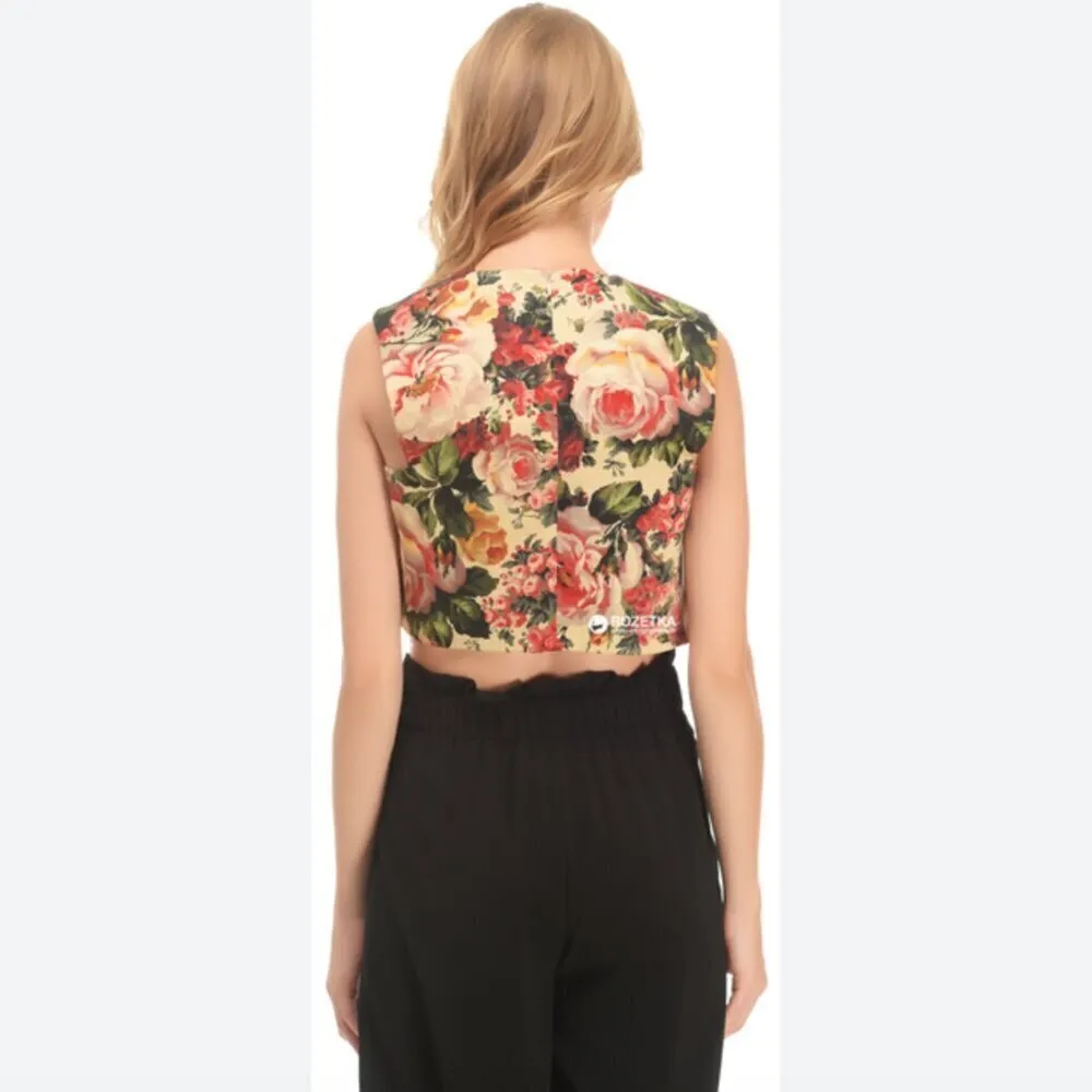 Zara Floral Crop Tank Top S V-Neck Vintage Rose Print Zip Back Summer Flower - Image 9