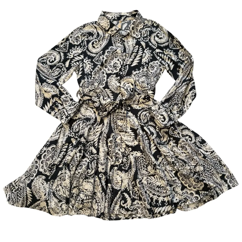 Uncle Frank Button Down Tie Waist Swing Shirtdress, Navy/White Paisley Print, Sm - Image 9