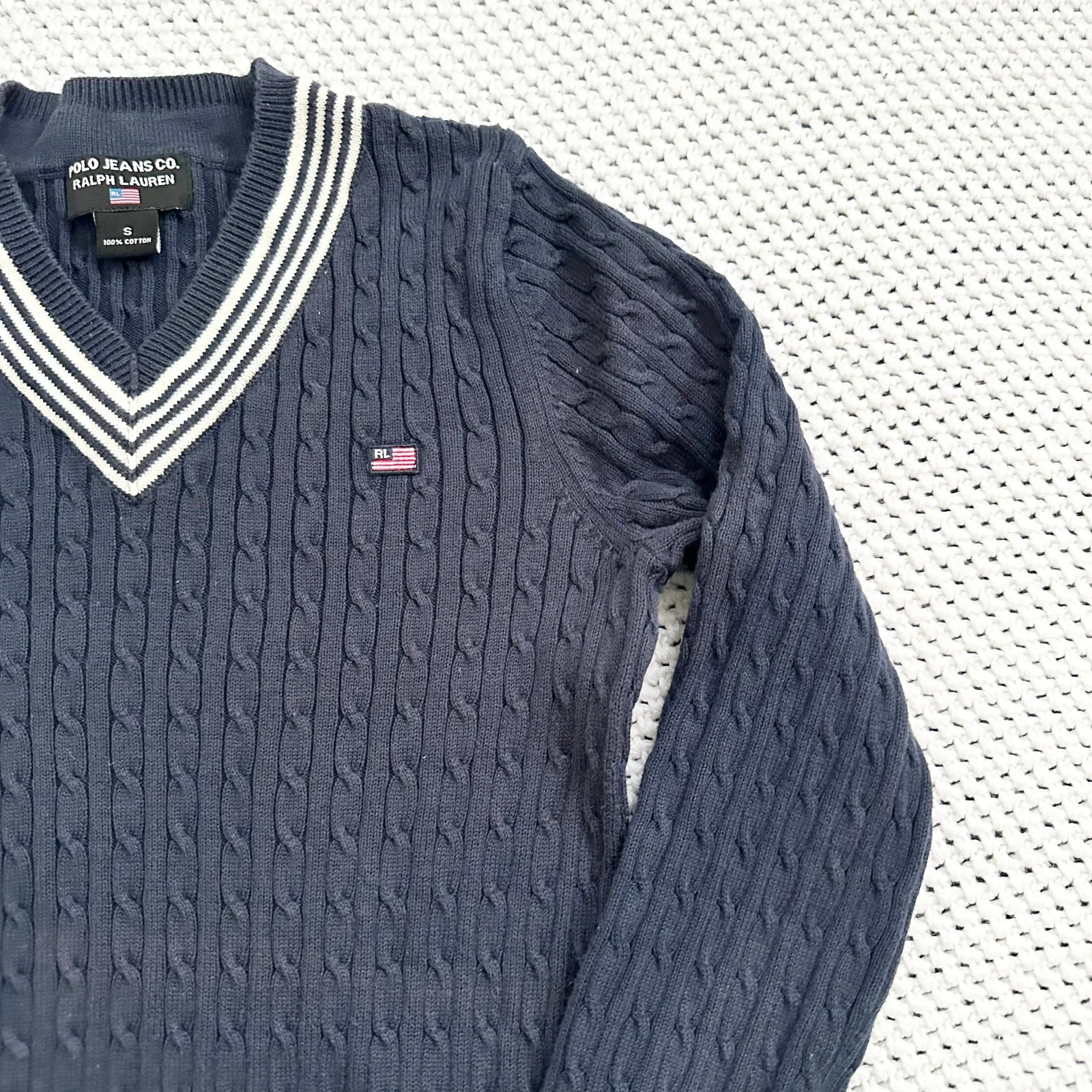 Polo Ralph Lauren Navy Blue Cable Knit Vintage Y2K Varsity V Neck Sweater Small - Image 5