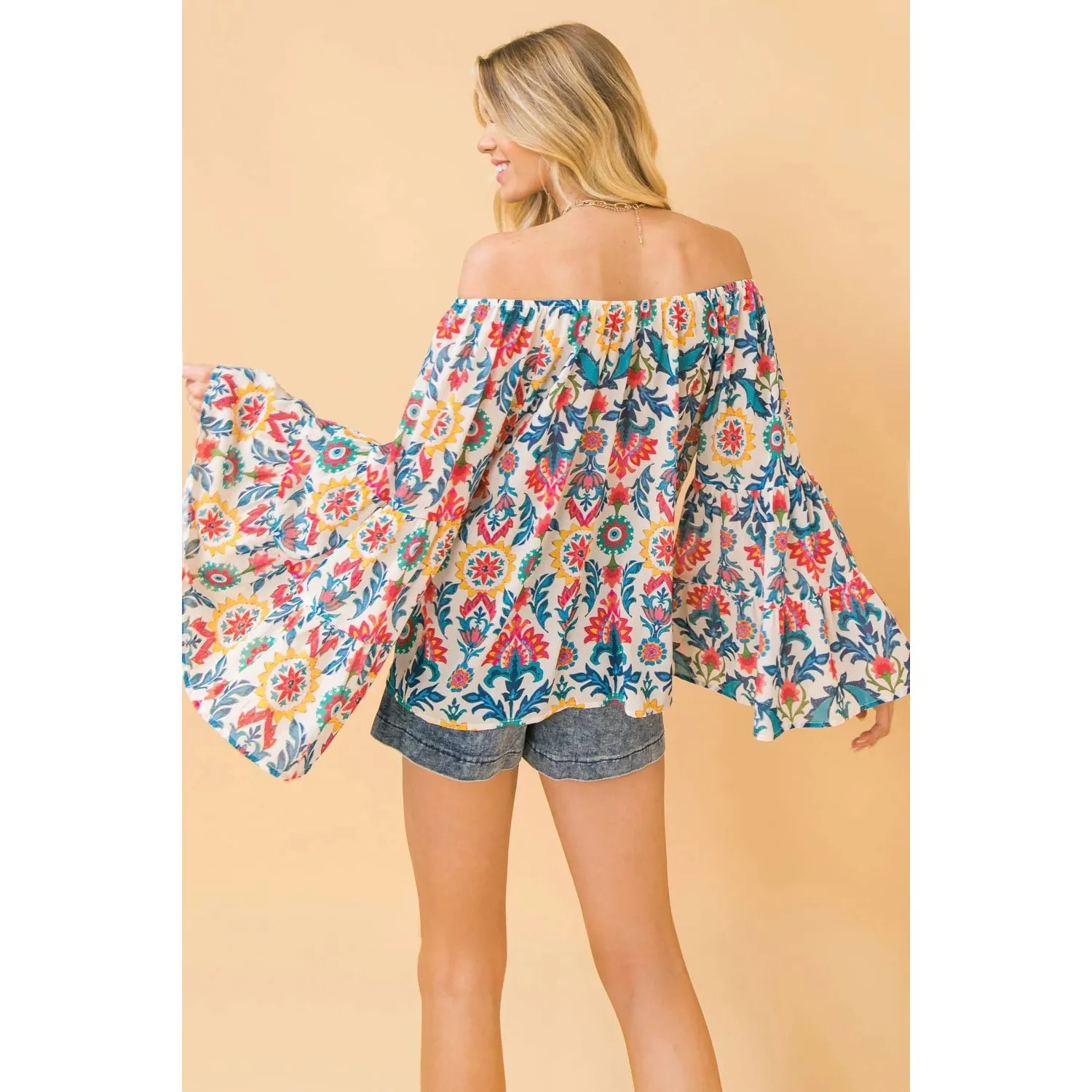 Flying Tomato Resort Ready Woven Top Large Multicolor Floral Bell Sleeve Peasant - Image 12