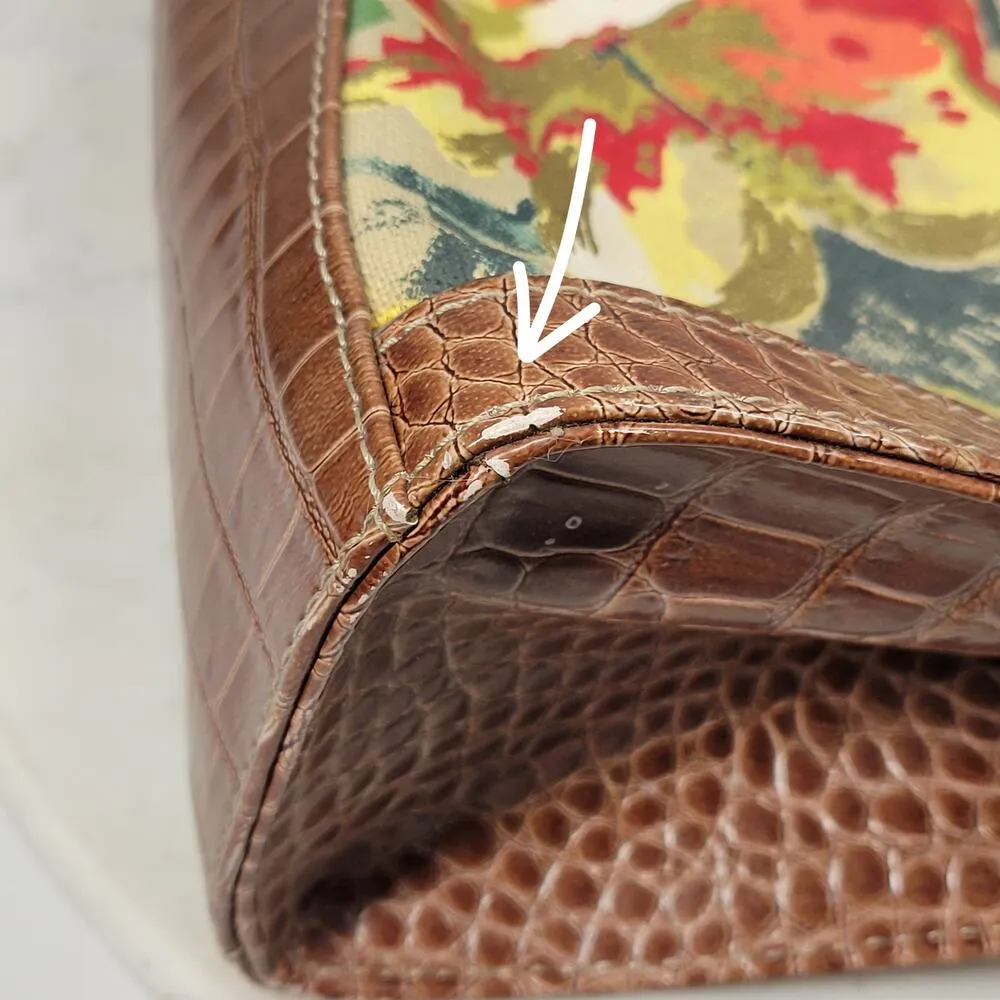 Liz Claiborne Satchel Bag Med Floral Cotton Faux Leather Embossed Alligator - Image 6