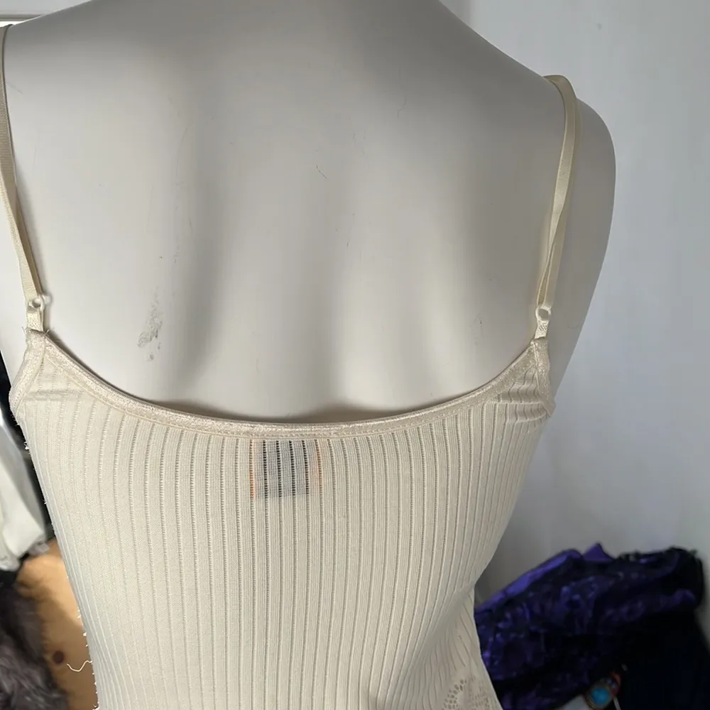Easel Anthropologie ivory ribbed knit crochet floral lace slip mini dress small - Image 12