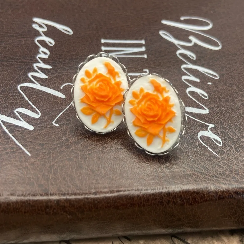 Vintage Neon Orange Rose Floral Cameo Stainless Steel Flower Earring Studs Boho - Image 2