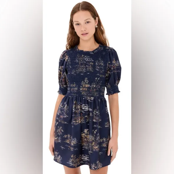 Hill House dress Vivi Print High Neck Puff Sleeve Navy Equestrian Toile smocked - Image 5