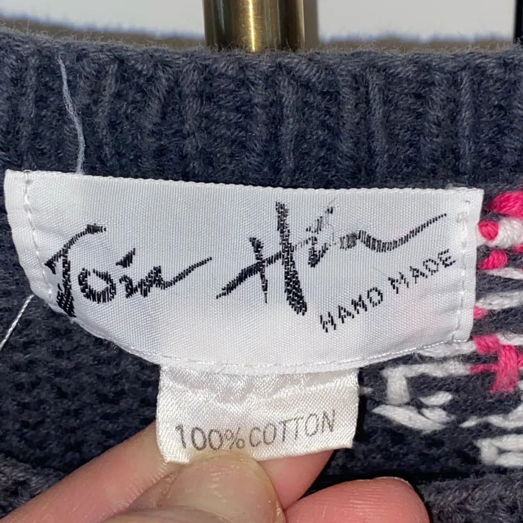 Vintage Handmade 90s Abstract Floral Navy Blue Pink White Sweater Cottagecore Size M - Image 7