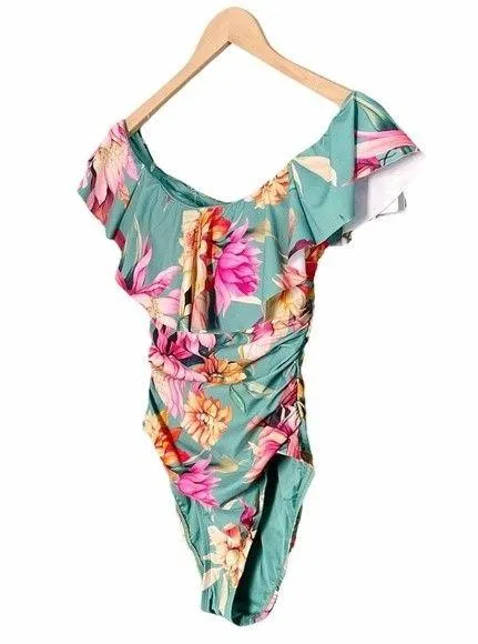 NWT La Blanca Jade Garden Floral Off Shoulder Ruffle One-Piece Swimsuit Size 8 - Image 11