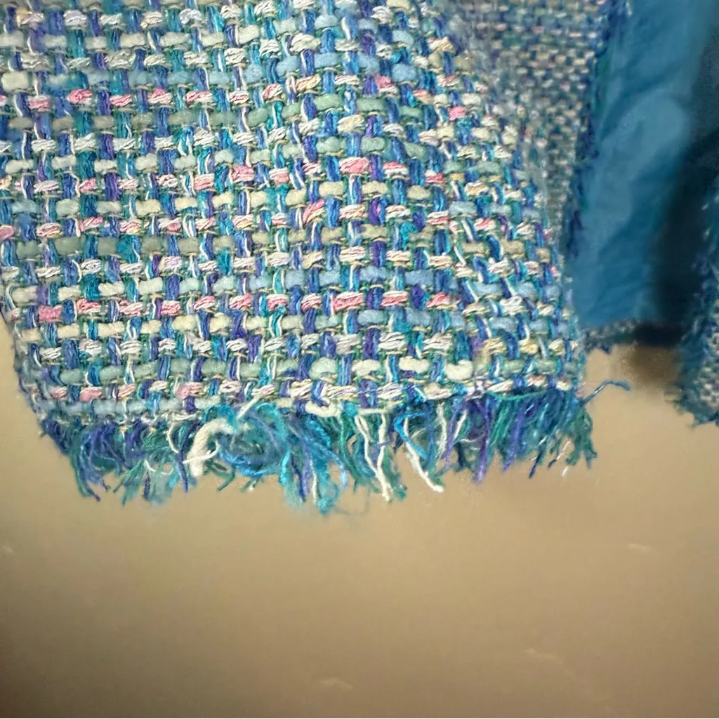 Revue Boucle Fringed Silk Tweed Womens Blazer Preppy Size 6 Turquoise Office Y2K Blue - Image 6