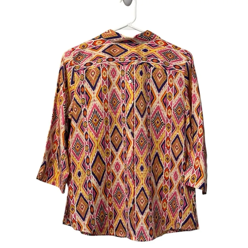 Chicos Womens Size 0 Linen No Iron Button Up Shirt‎ 3/4 Sleeve Aztec Colorful - Image 2