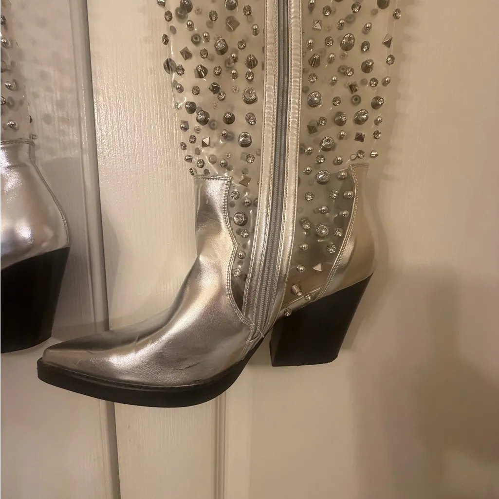 Glamorous Silver Studded Rhinestones w/side zipper Heeled Boots - Image 3