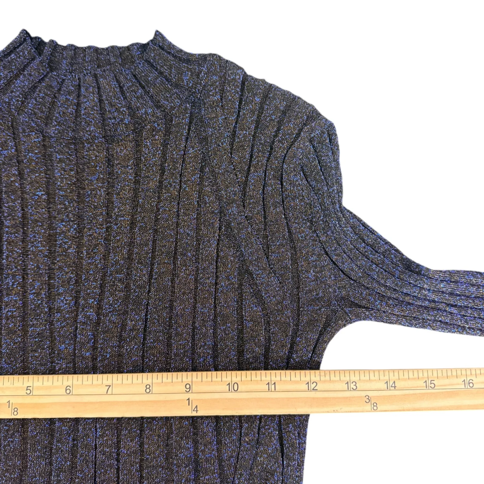 AllSaints Patrice Ribbed Knit Sheer Top Size XS Sparkly Metallic Blue Mock Neck‎ - Image 9