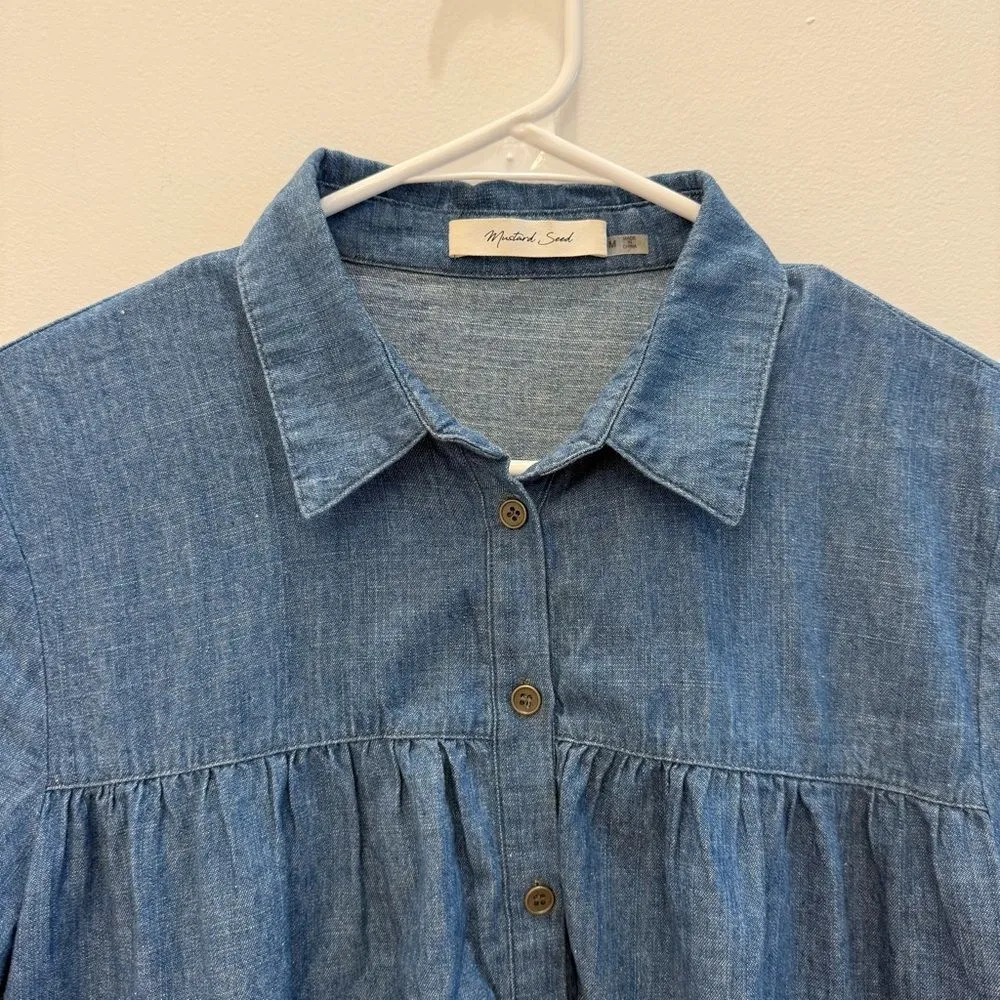 Mustard Seed Chambray Ruffle Short Sleeve Blue Top Size Medium - Image 2