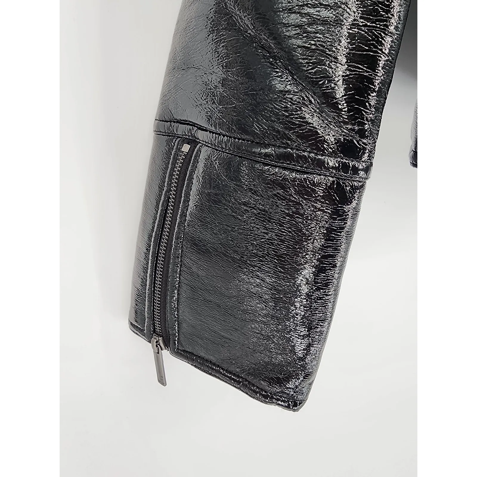 Unreal Fur Black Wet Look Aviator Jacket Faux Leather & Fur Collar Women’s XL - Image 7