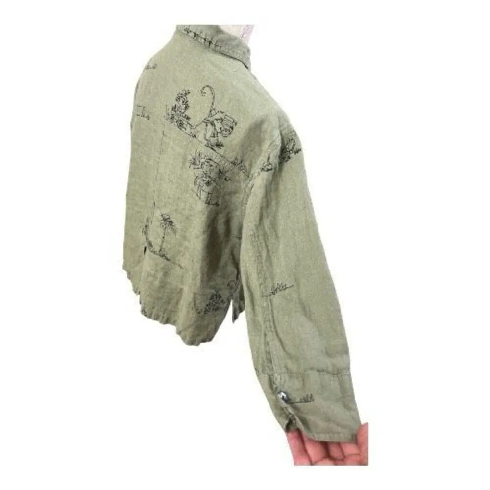 Chico's Sage Green Linen Monkey Print Button-Up Shirt Size 0 (4) Slit 3/4-Sleeve - Image 8