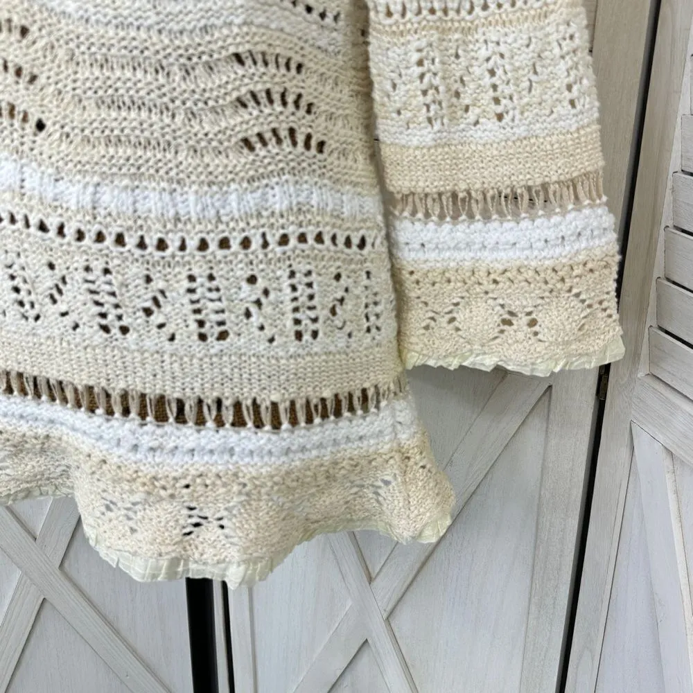 Coldwater Creek Open Weave Crochet Boho Cottage Sweater Ivory Cream Large - Image 6