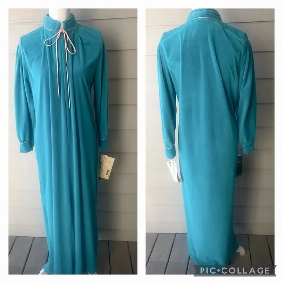 NWT Pierre Cardin Vintage Turquoise Plush Velour Robe Zipper - Image 2
