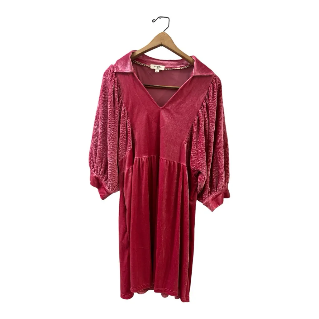 Umgee Pink Velvet Dress Collared V Neck 3/4‎ Pouf Sleeves with Contrast Detail L - Image 2