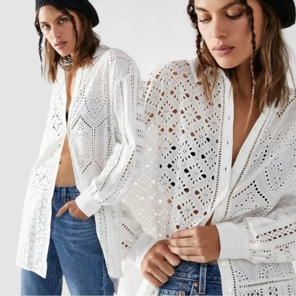 Spell Bohemian Ethereal Eyelet Lace Lottie Oversized Shirt Dress White Size XS - Image 3