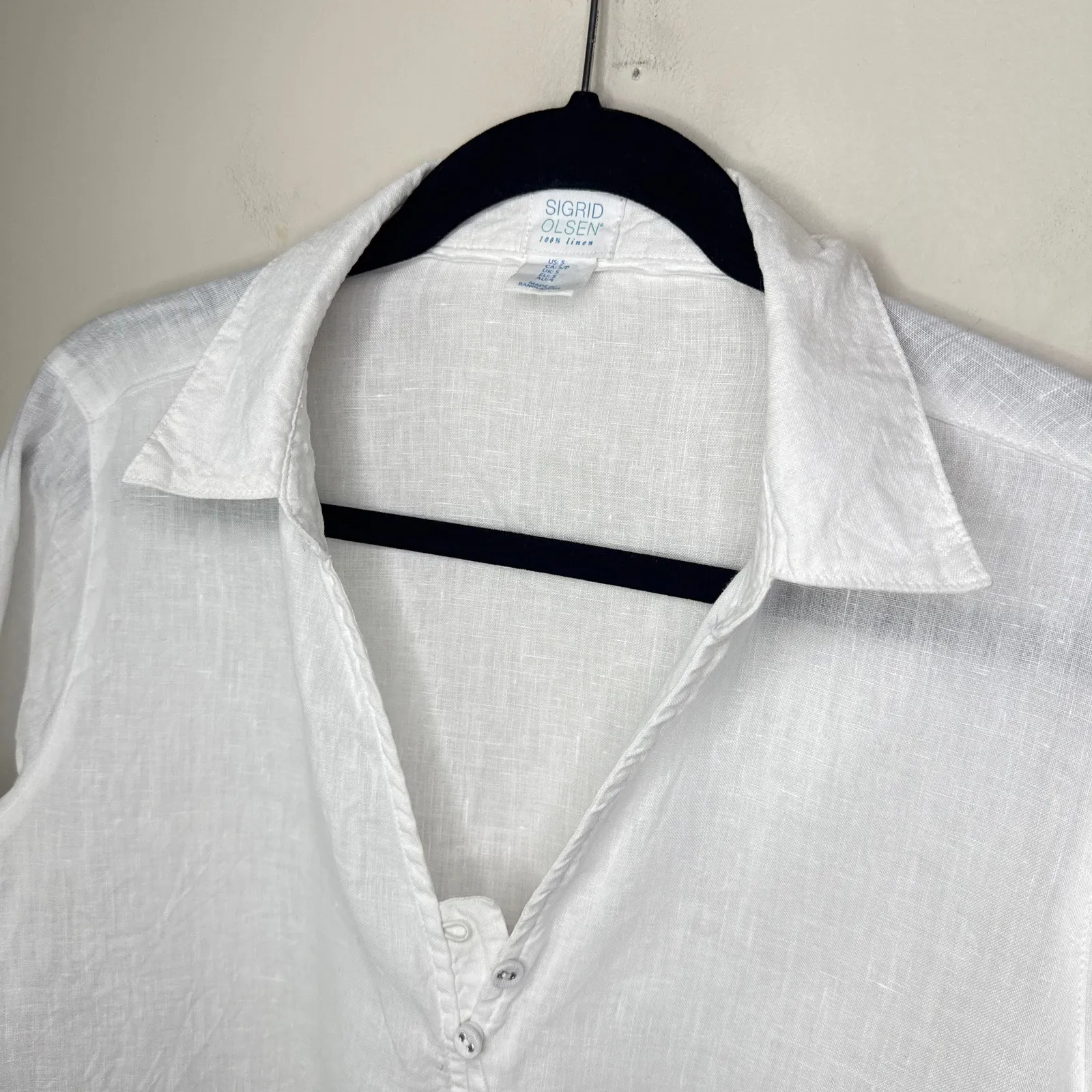 Sigrid Olsen 100% Linen White Roll-Tab Sleeve Collared V-Neck Tunic Top Small - Image 3