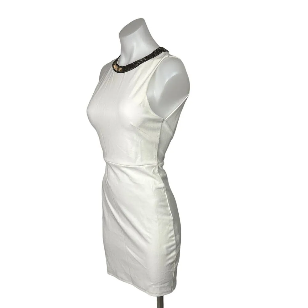 H&M White Gold Beaded Neck Formal Cocktail Bodycon Sheath Mini Dress Size S - Image 3