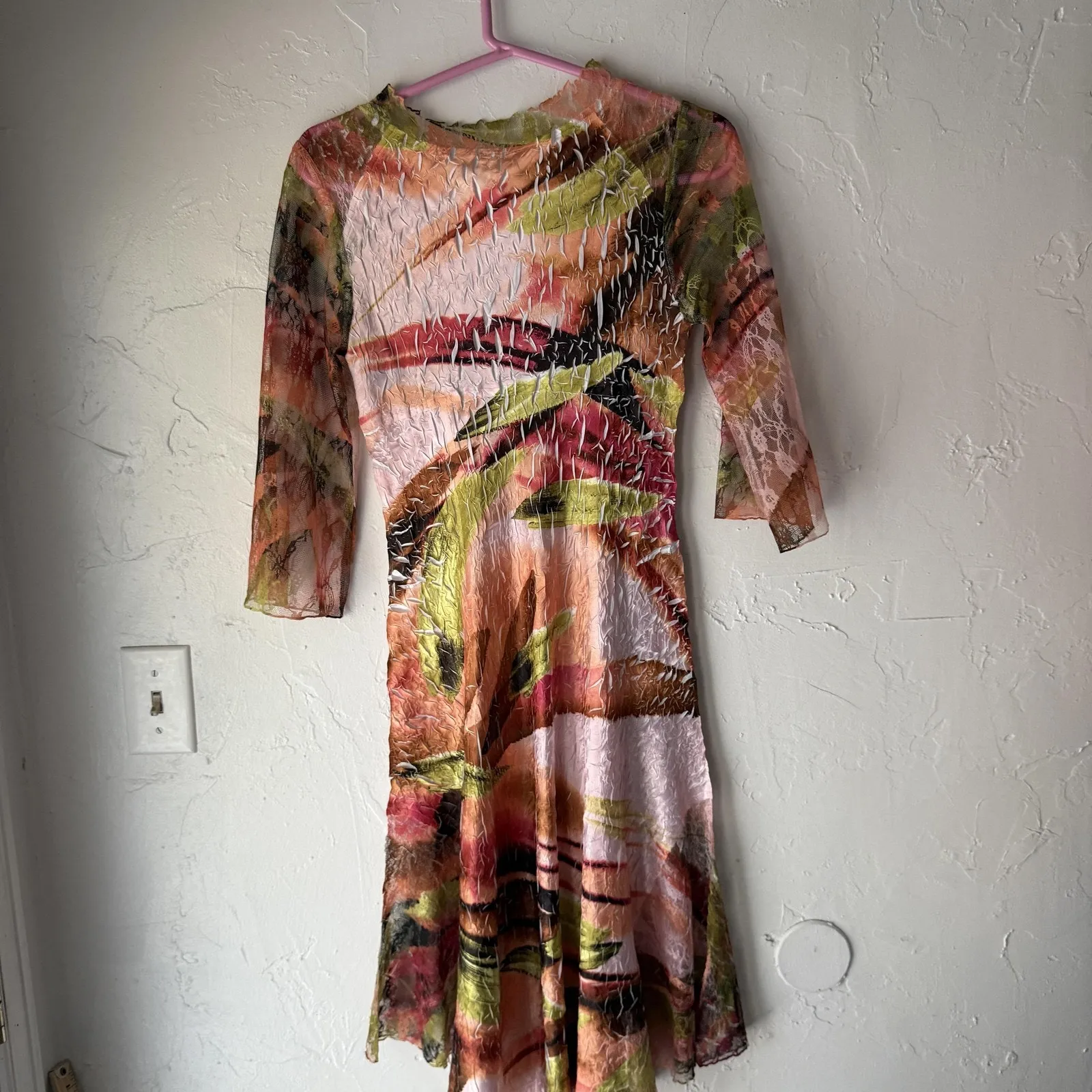 LINDI Dress Womens Small Mesh Sheer Crinkle Boho Y2k‎ Flare Sleeve Retro - Image 10