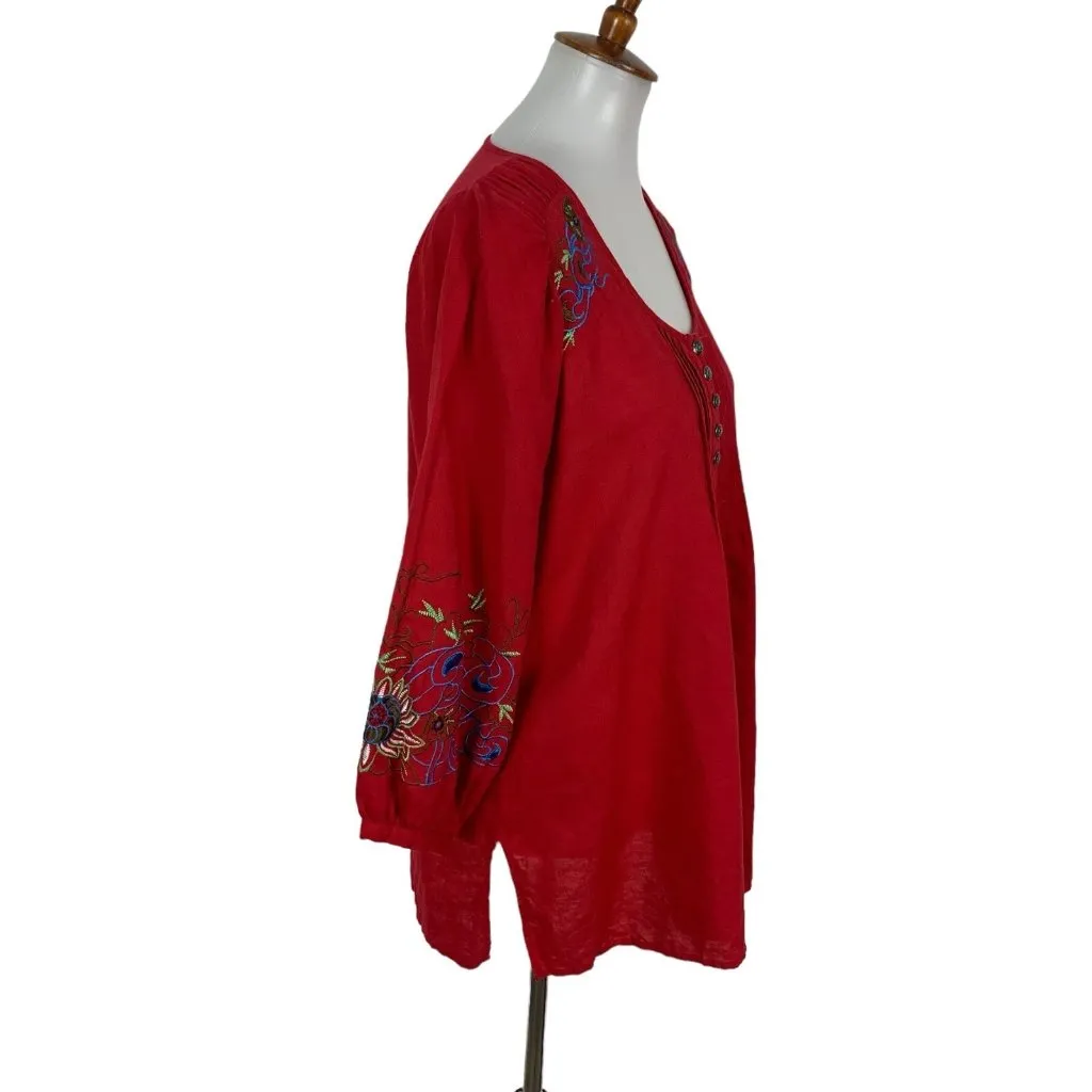 Tasha Polizzi Womens Top Medium Red Embroidered 34 Sleeve Linen Western Rodeo - Image 3
