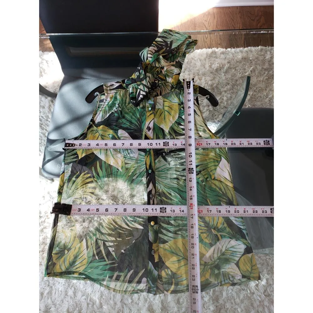 Eva Mendes Button Down Shirt Women's S Multi Palm Leaf Sheer High Collar Tie Green - Image 9