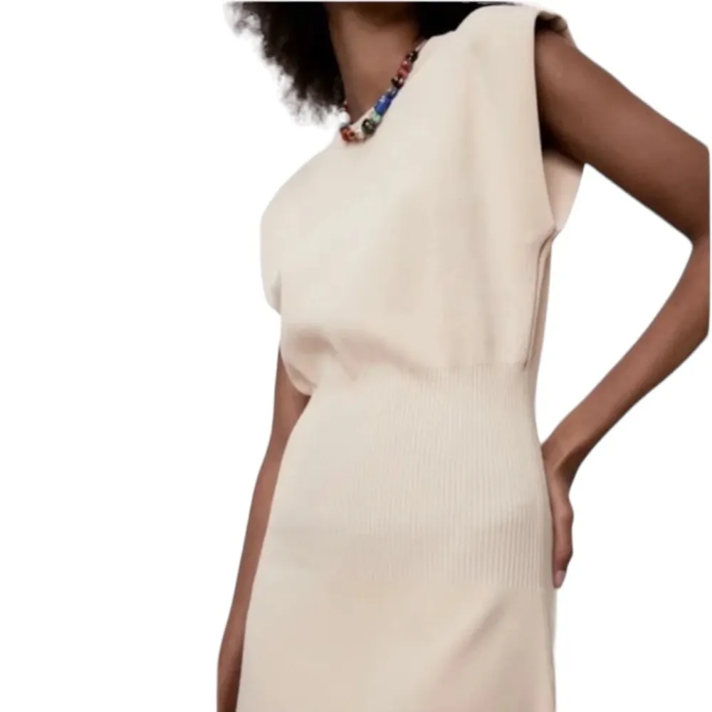 Zara Rib Knit Structured Dolman Sleeves Banded Waist Mini Dress in Cream - Image 3