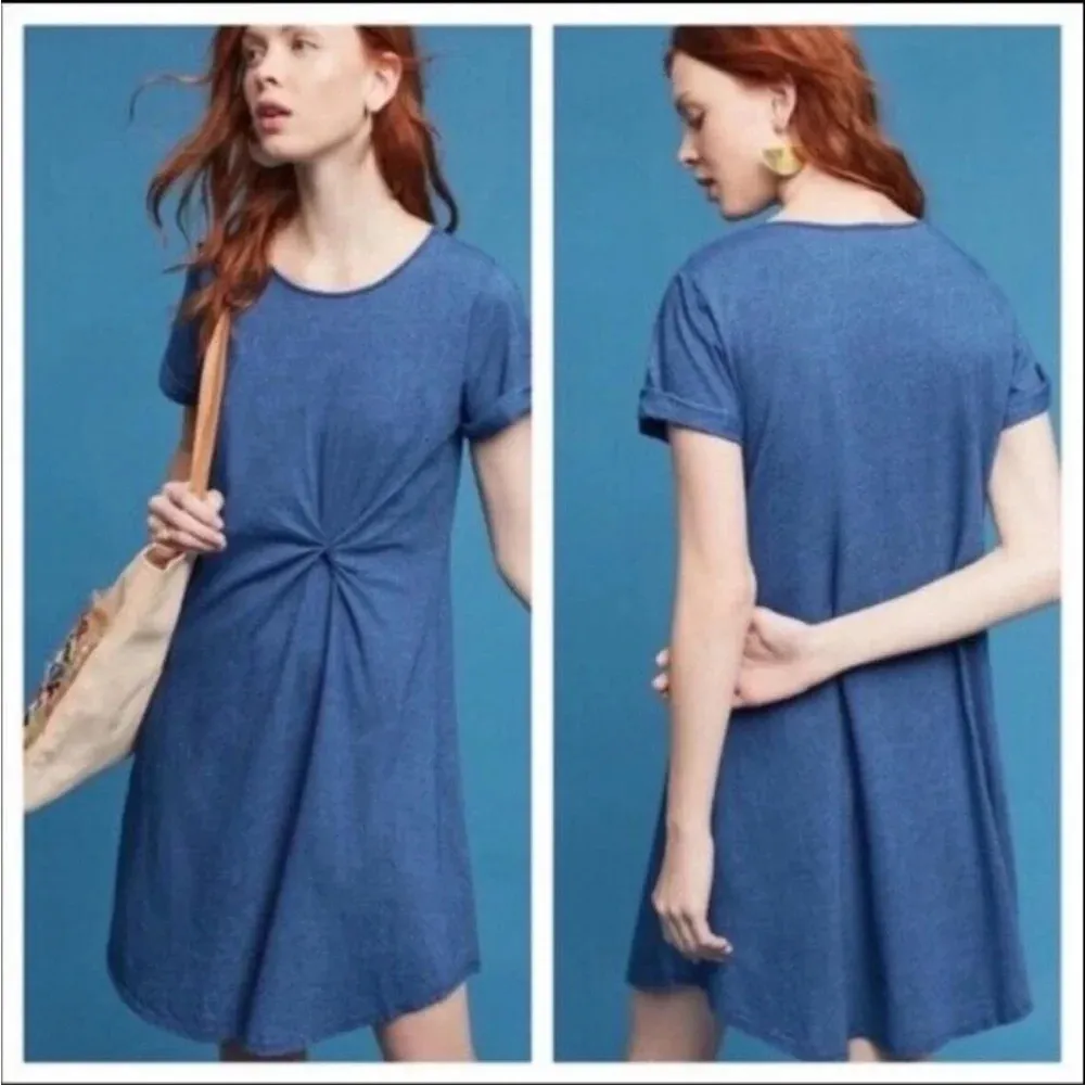 ANTHROPOLOGIE Holding Horses Paula Gathered Waist Blue Tee Shirt Dress - Image 2