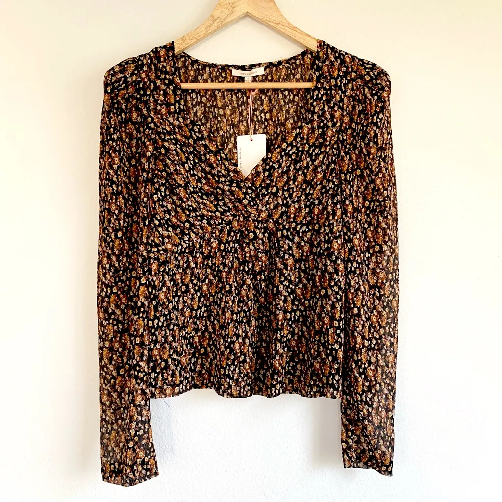 NWT Anthropologie Semi-Sheer Long Sleeve Brown Floral V-neck Babydoll Top Medium - Image 2
