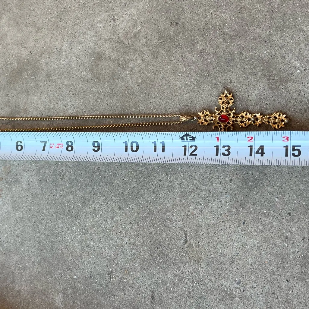 Vintage Ornate Cross Pendant Necklace Avon, Red Cabochon Synthetic Ruby 15” Gold - Image 10