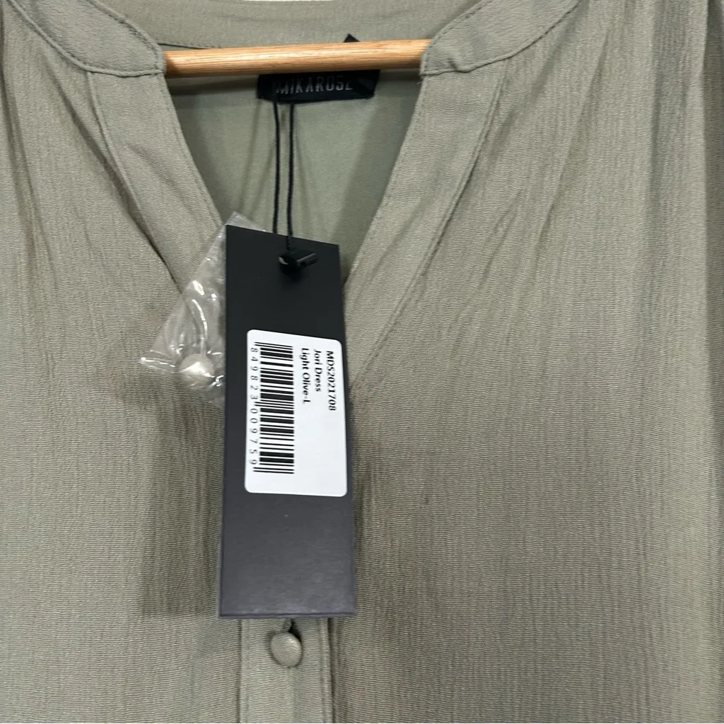 Mikarose Sage Green Tiered Midi Dress Large Rayon Short Sleeve Button Front NWT - Image 5