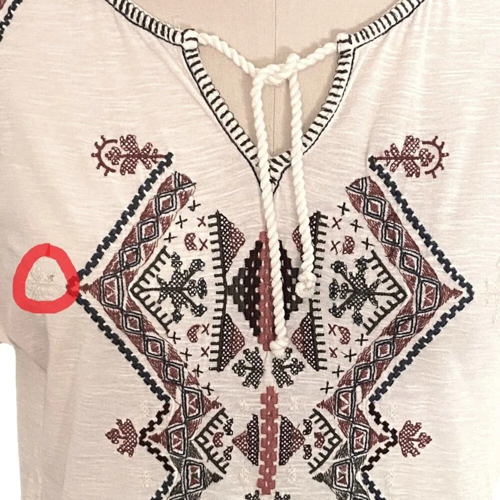 RUFF HEWN Ladies BOHO CHIC Embroidered White Short Sleeve Fringe Blouse ~ Size S - Image 9