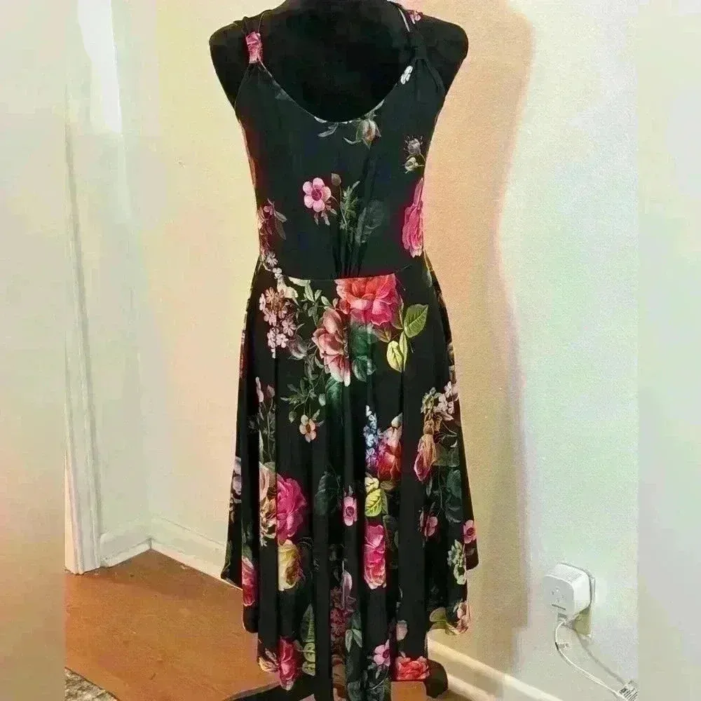 Marc Bouwer Unlimited Black & Floral Print Sleeveless Crossbody Midi Dress Size M - Image 2