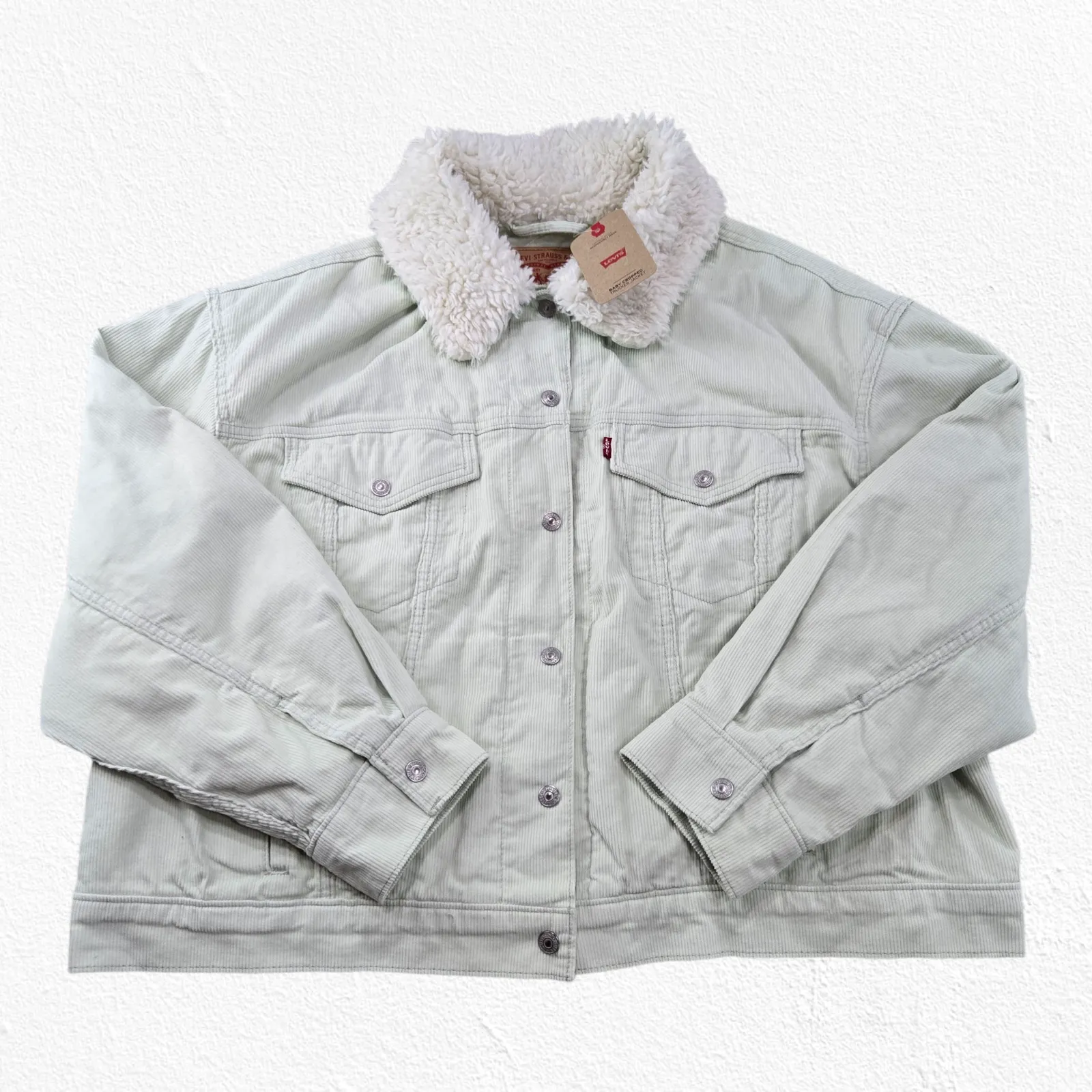 Levi’s Baby Baggy Crop Corduroy Sherpa Trucker Jacket Meadow Mist Green Size 2X - Image 16