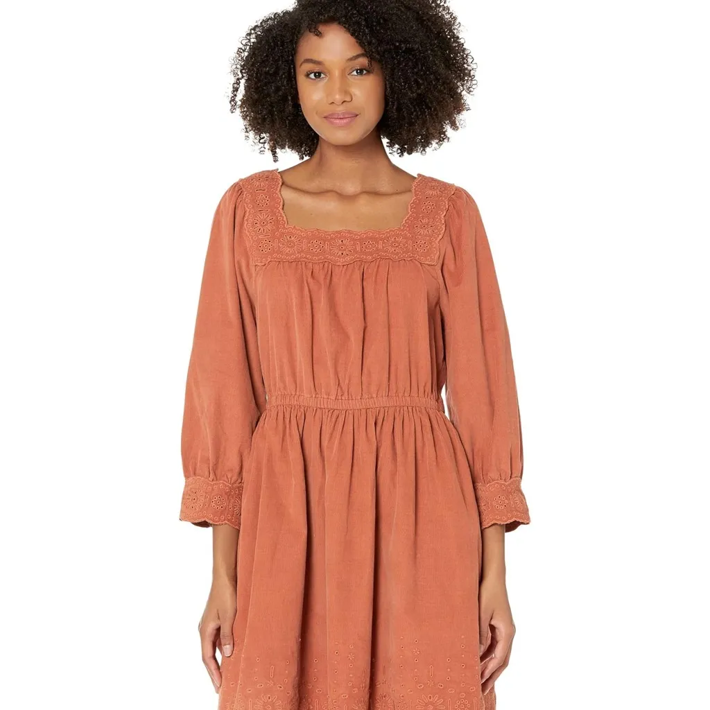 Madewell Terracotta 3/4 puff Sleeve embroidered corduroy square-neck boho Dress - Image 3