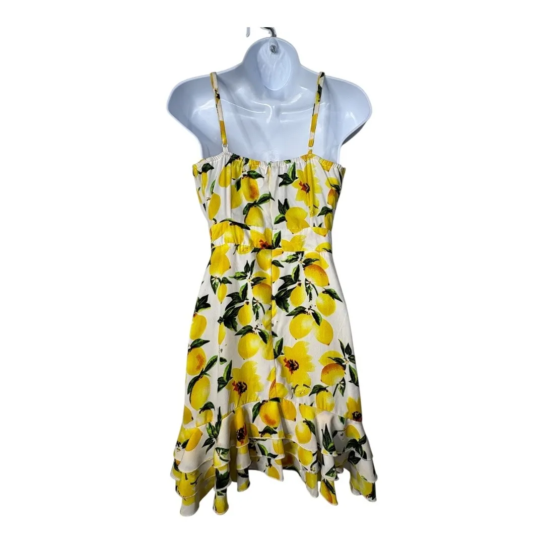 Boohoo Lemon Print Mini‎ Dress Cutout Tie Front Ruffle Hem Summer Women Size 6 - Image 7