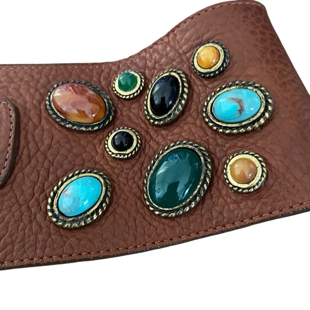 Leatherock Brown Leather Wide Made in Italy Stone Gild Buckle Belt size large - Image 2