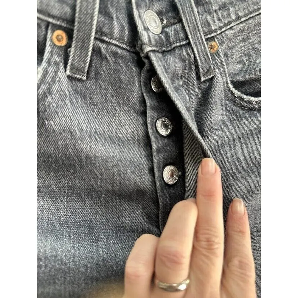 Levis Premium 501 Jeans Women 27x 28 Black Denim Button Fly Straight Distressed - Image 9