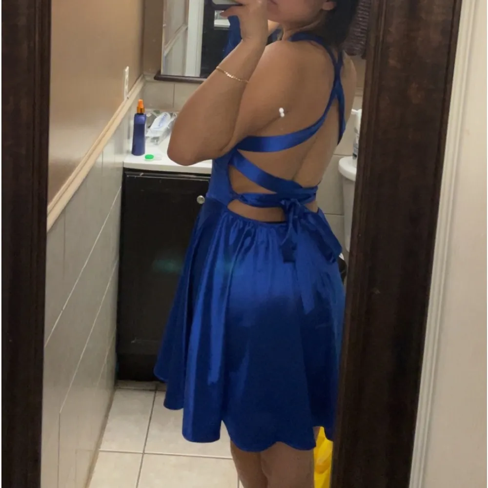 Blue Lace Up Back Flare Mini Dress - Image 2