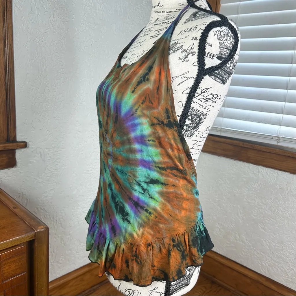 Tie Dye Rainbow Halter Top Open Back Boho Adjustable One Size Purple Size undefined - Image 3