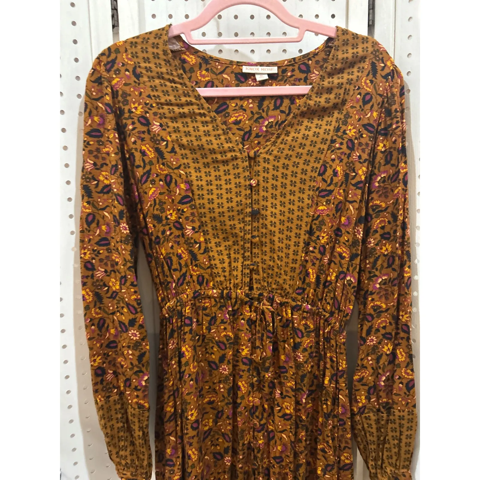 Knox Rose Womens Floral Print Long Sleeve Midi Dress Mustard Yellow XS - Image 2