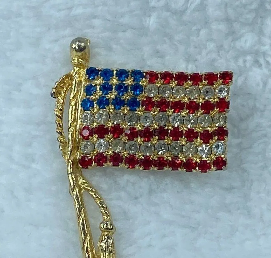 Vintage USA American Flag Patriotic Pin Brooch Rhinestone Red White Blue Gold - Image 13