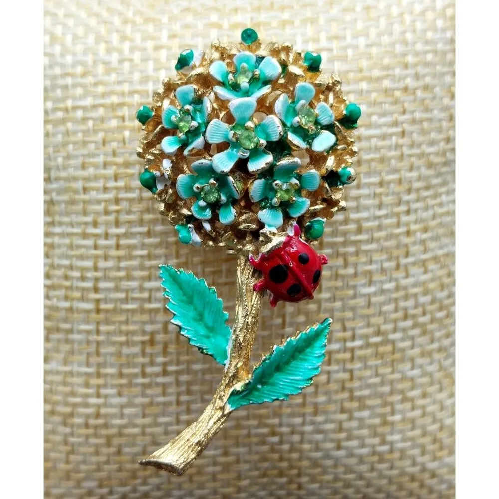 Adorable Gold Tone & Green Enamel Flower Brooch Ladybug Rhinestones 2 Inch - Image 3