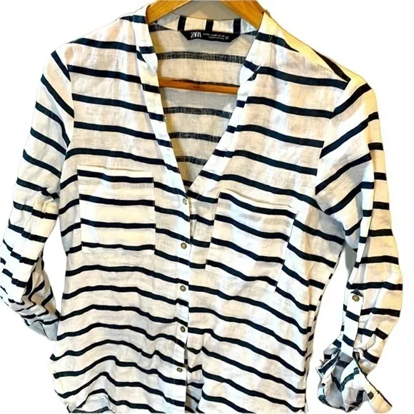 ZARA‎ Women’s V-Neck Nautical Blue & White Strip Tunic Linen Gold Accent Buttons - Image 2