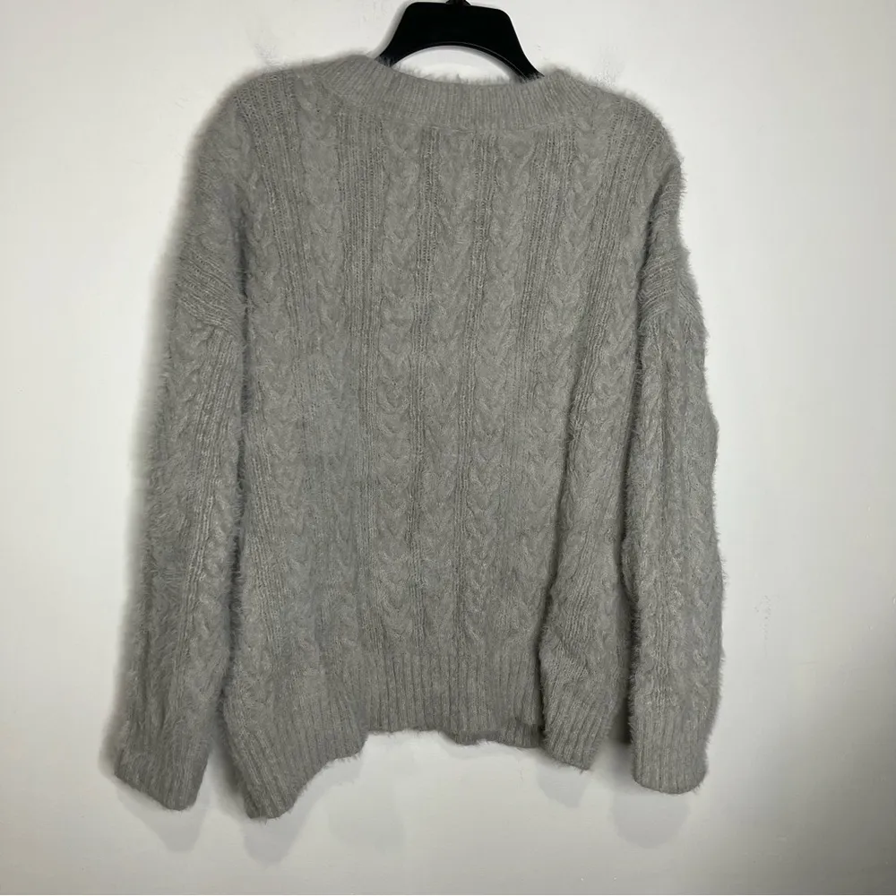 Lucky Brand cable knit v-neck eyelash sweater gray womens size large winter cozy - Image 9